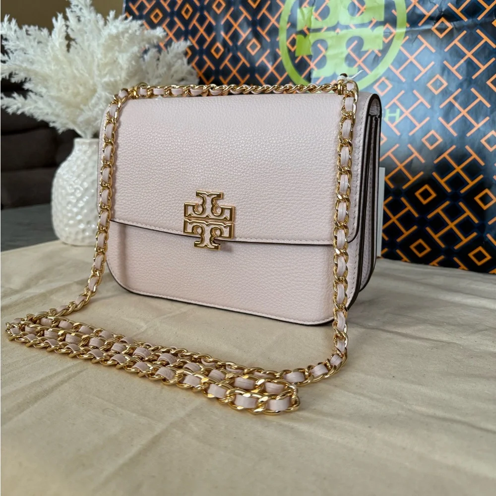 Tory Burch Britten Small Adjustable Shoulder Bag Light Pink with Gold Chain